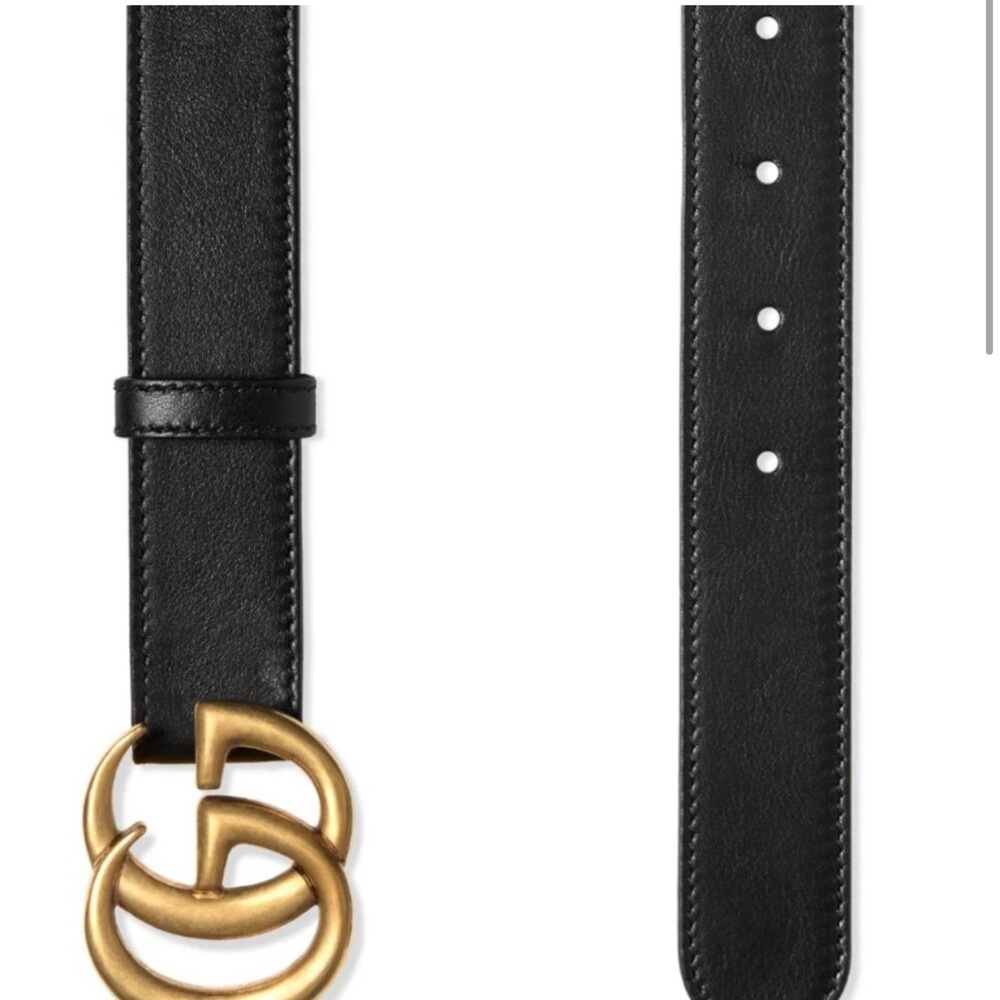 Gucci GG Thin Leather Belt with Double G Buckle Black Gold 70 - Picture 2 of 8